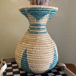 Handwoven Natural and Teal Basket Vase
